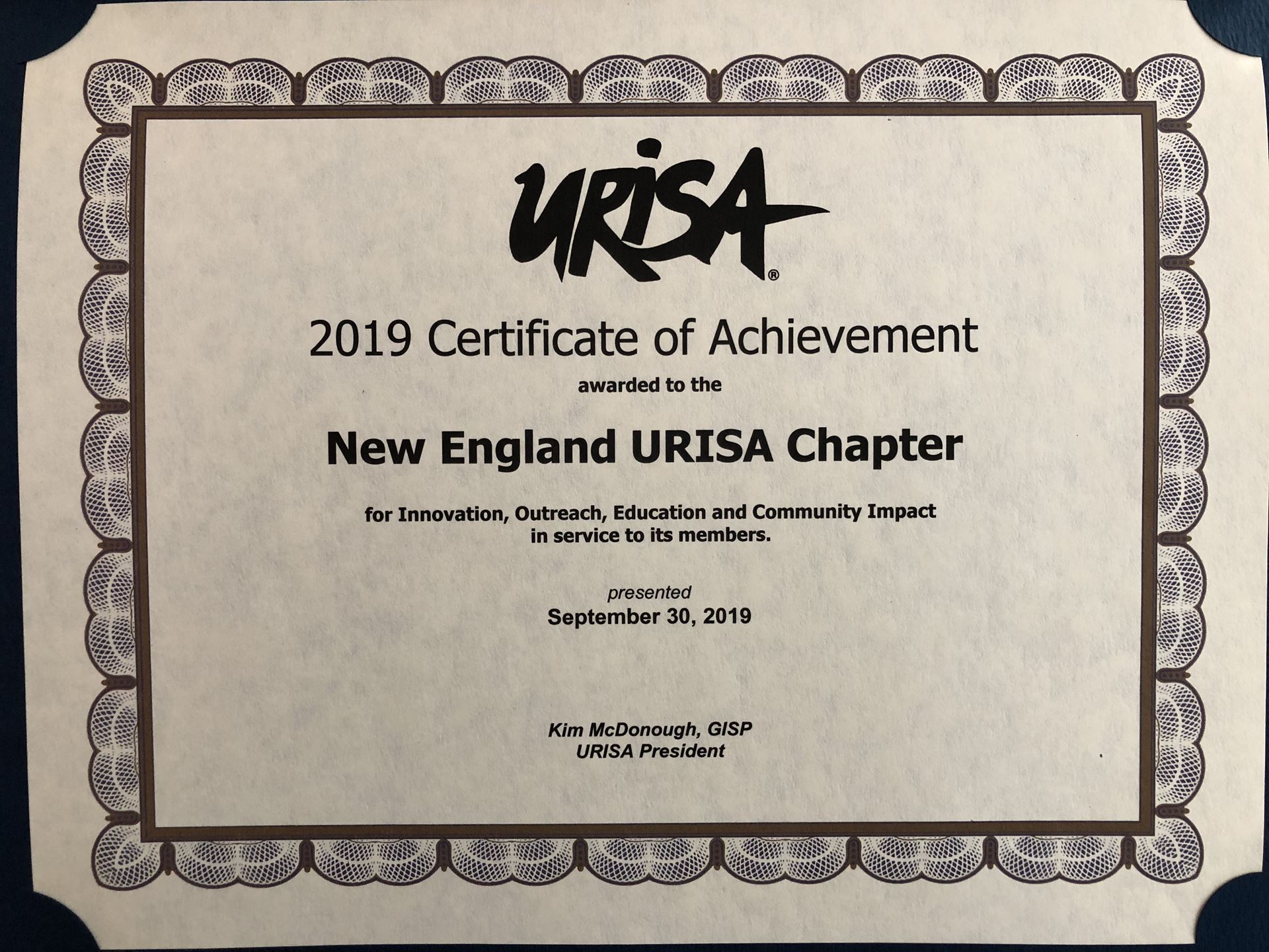 2019 Certificate of Achievement from URISA.
